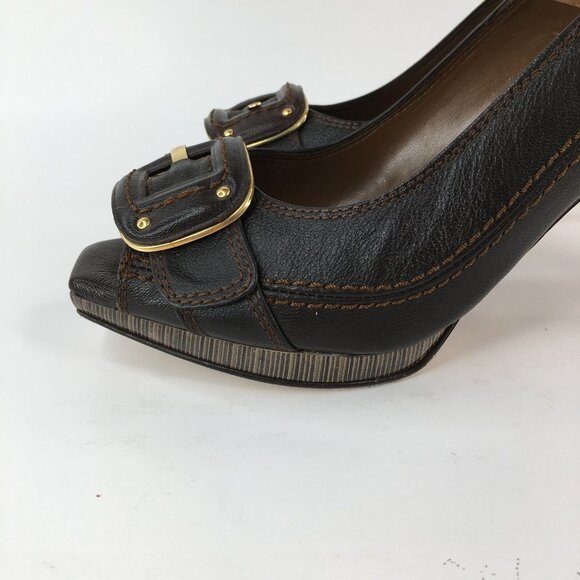 Zara Brown Leather Peep Toe Front Buckle Heels Size 41 - Picture 11 of 16